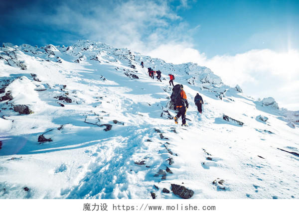 一群登山者在冬天登上一座山努力坚持不懈克服困难